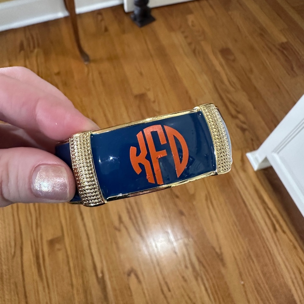 Navy blue & gold bangle bracelet with monogram sticker